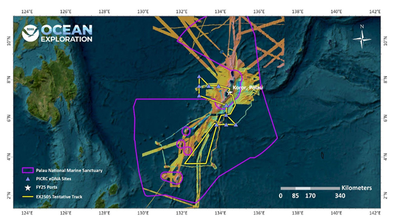 Map of the Palau National Marine Sanctuary with tracks and data sites marked.
