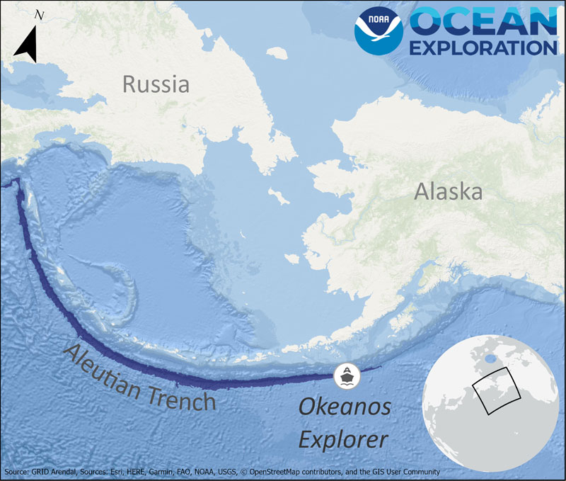 A map of the Aleutian Trench, which spans approximately 3,400 kilometers (2,100 miles). The icon for NOAA Ship Okeanos Explorer is shown where the ship first traversed over the trench during the Seascape Alaska 1: Aleutians Deepwater Mapping expedition.