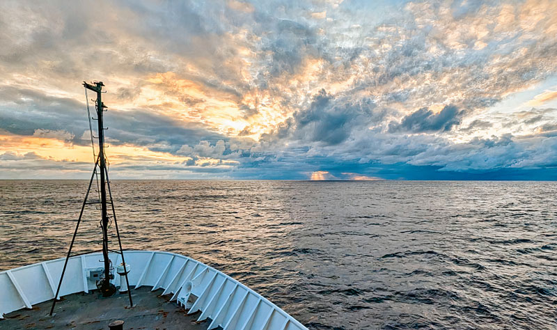 A beautiful sunrise captured from the bow of NOAA Ship Okeanos Explorer as the crew sailed through the Gulf of Alaska during the first of the Seascape Alaska expeditions in May.