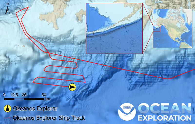 Ship tracks leading up to the location of NOAA Ship Okeanos Explorer at 16:45 UTC on May 16, 2023, during the Seascape Alaska 1: Aleutians Deepwater Mapping expedition. The tracks show a lawnmower pattern often used to ensure coverage of mapping target areas. The inset maps show the extent of the displayed tracks compared to the Aleutian Islands (left) and the location of the Aleutian Islands relative to North America (right).