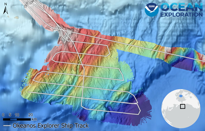 Bathymetry data collected on May 16, 2023, during the Seascape Alaska 1: Aleutians Deepwater Mapping expedition. The tracks depict NOAA Ship Okeanos Explorer’s lawnmower transects that were conducted to collect new mapping data. Features in dark blue are the furthest below the surface while those appearing white and red are closer to the surface.