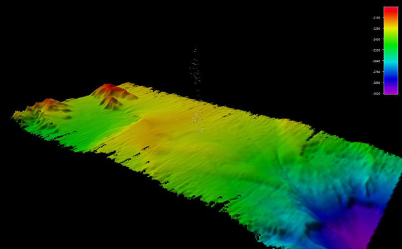 Three-dimensional-modeled multibeam bathymetry data with the gas seep bubbles detected near the Aleutian Trench depicted as pixels extending from the middle of the model.