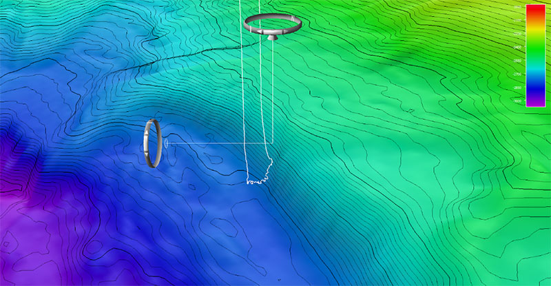 Three-dimensional view of bathymetry from Dive 05 of the Seascape Alaska 3 expedition showing the remotely operated vehicle (ROV) track up a submarine landslide scarp that may be related to the 1946 earthquake and tsunami on Unimak Island. The ROV landed at a depth of about 2,800 meters (9,186 feet) and covered about one-third of the scarp with its landslide rubble before ascending. The total relief on the scarp is about 400 meters (1,312 feet).