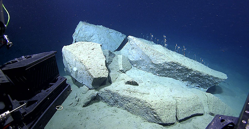 Large (greater than two meters/seven feet wide), angular blocks located at the base of the scarp.