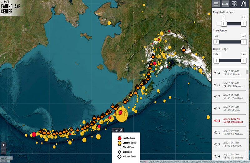 Screenshot of an interactive regional map showing the location of the Alaska-Aleutian subduction zone, Aleutian trench, recent earthquakes, and recent volcanic activity on July 22, 2023.