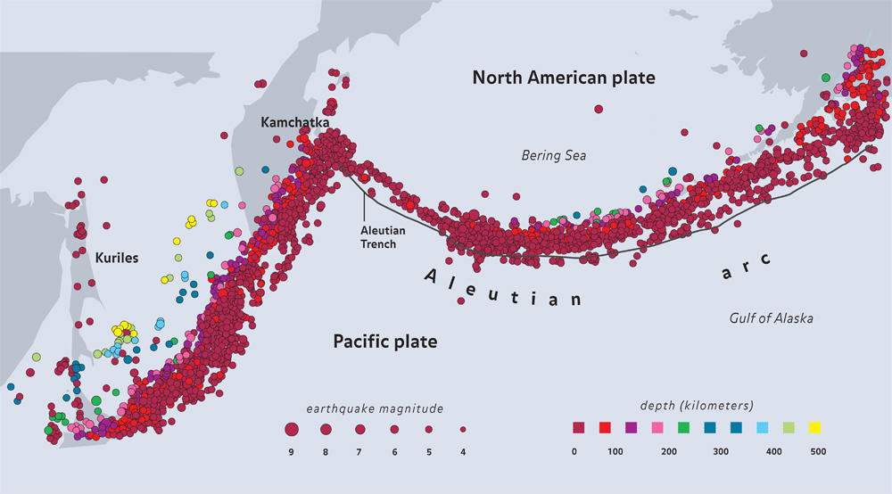 Generalized map showing the location of the Alaska-Aleutian subduction zone, Aleutian trench, earthquake clusters, and volcanic arc north of the trench.
