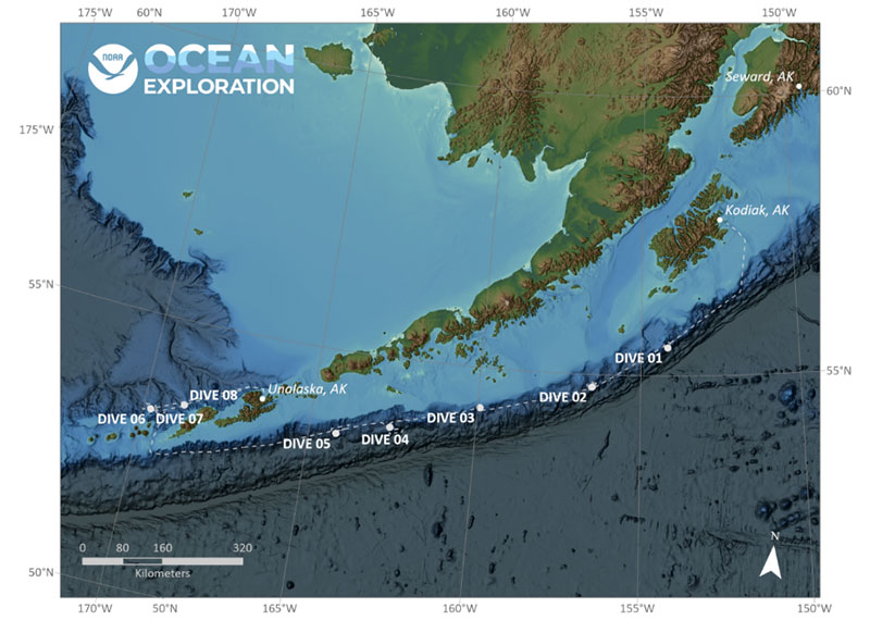 Map showing the location of dives conducted during the Seascape Alaska 3 expedition.
