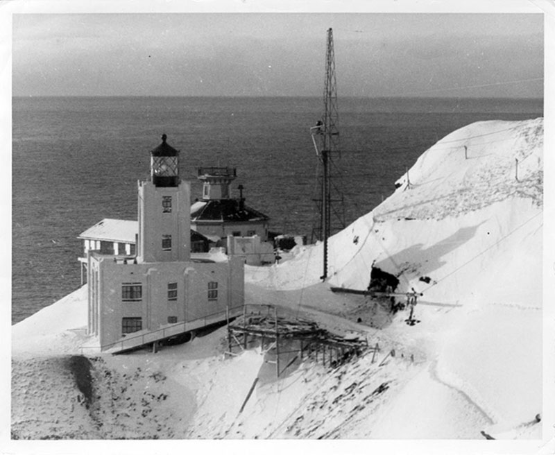 The Scotch Cap lighthouse on Uminak Island just prior to being destroyed by a tsunami with a runup of 42 meters (138 feet).