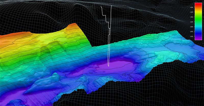 The dive track (white line) taken by remotely operated vehiclesDeep Discoverer and Seirios during Seascape Alaska 3, Dive 01: Aleutians Water Column. Bathymetry shown at six-times vertical exaggeration. Scale is water depth in meters.