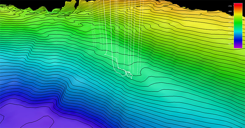The dive track (white line) taken by remotely operated vehicles Deep Discoverer and Seirios during Seascape Alaska 3, Dive 04: Aleutians Water Column with 50-meter (165-foot) contour intervals. Scale is water depth in meters.