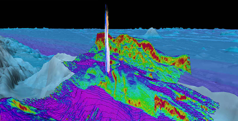 Bubble plumes seen emanating from the seafloor in multibeam data collected using the sonars on NOAA Ship Okeanos Explorer the night before Dive 04 of the Seascape Alaska 3 expedition.