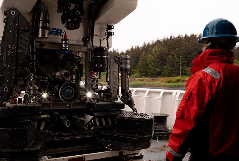 Engineers from the Global Foundation for Ocean Exploration test the lights on remotely operated vehicle Deep Discoverer in preparation for the Seascape Alaska 3: Aleutians Remotely Operated Vehicle Exploration and Mapping expedition.