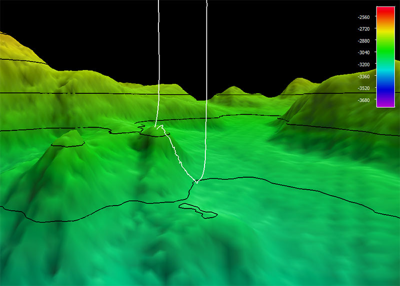 The dive track (white line) for Dive 01: Kodiak Slope, of the Seascape Alaska 5: Gulf of Alaska Remotely Operated Vehicle Exploration expedition. Bathymetry shown at three-times exaggeration. Scale is water depth in meters.