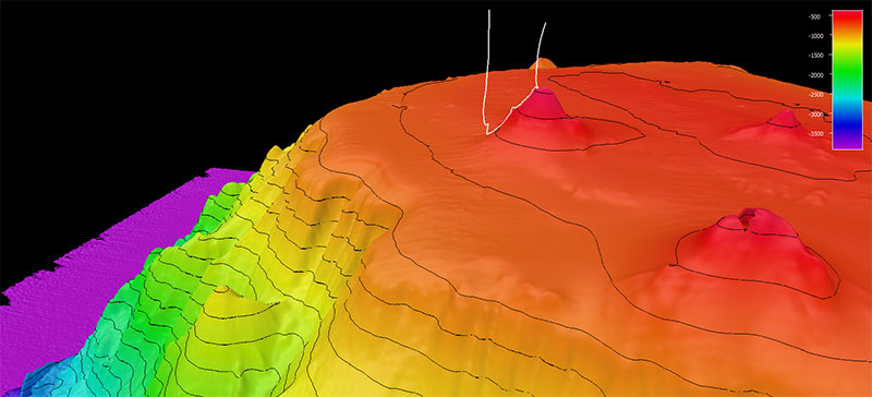 The dive track (white line) for Dive 05: Surveyor Seamount, of the Seascape Alaska 5: Gulf of Alaska Remotely Operated Vehicle Exploration expedition. Bathymetry shown at three-times exaggeration. Scale is water depth in meters.