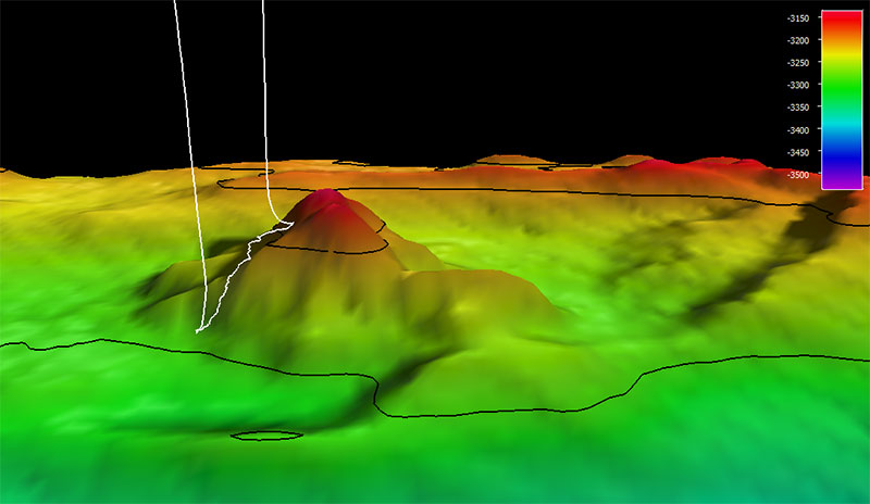 The dive track (white line) for Dive 07: Deep Discoverer Dome, of the Seascape Alaska 5: Gulf of Alaska Remotely Operated Vehicle Exploration expedition. Bathymetry shown at three-times exaggeration. Scale is water depth in meters.