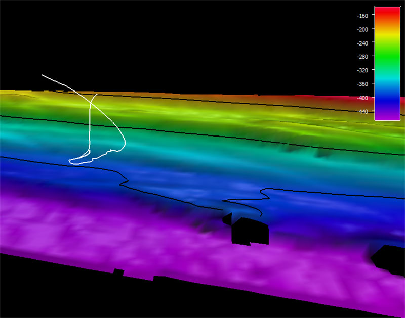 The dive track (white line) for Dive 17: Storey Island, of the Seascape Alaska 5: Gulf of Alaska Remotely Operated Vehicle Exploration expedition. Bathymetry shown at one-time exaggeration; 100 meter contours. Scale is water depth in meters.