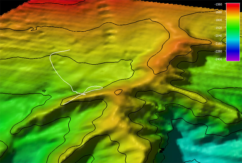 The dive track (white line) for Dive 18: Gumby Ridge, of the Seascape Alaska 5: Gulf of Alaska Remotely Operated Vehicle Exploration expedition. Bathymetry shown at one-time exaggeration; 100 meter contours. Scale is water depth in meters.