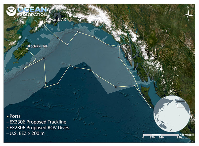 This map shows the initial planned operating area off Alaska during the Seascape Alaska 5: Gulf of Alaska Remotely Operated Vehicle Exploration and Mapping expedition, with the approximate track of NOAA Ship Okeanos Explorer shown as a yellow line and proposed dive sites as white circles.