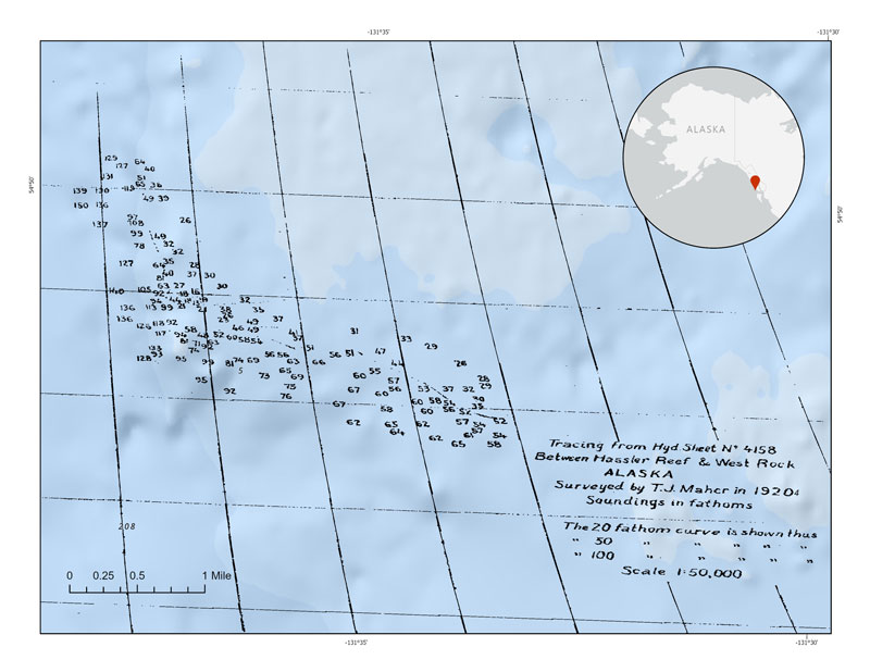 Original chart from the 1920 expedition to map Alaska’s Inside Passage showing about 140 soundings collected using lead lines