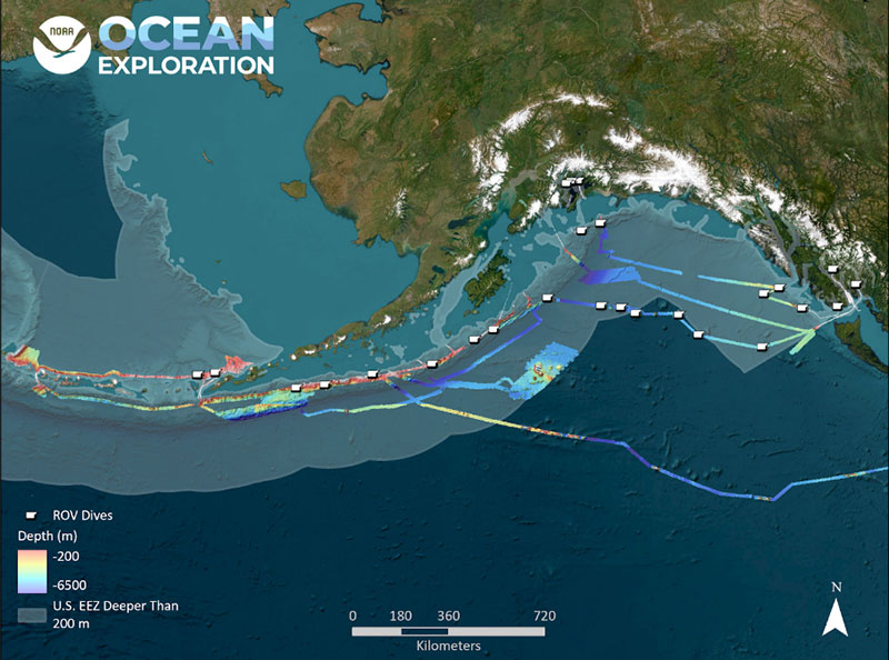 Map showing the location of dives conducted during the Seascape Alaska 3 expedition as well as preliminary bathymetry data collected during mapping operations.