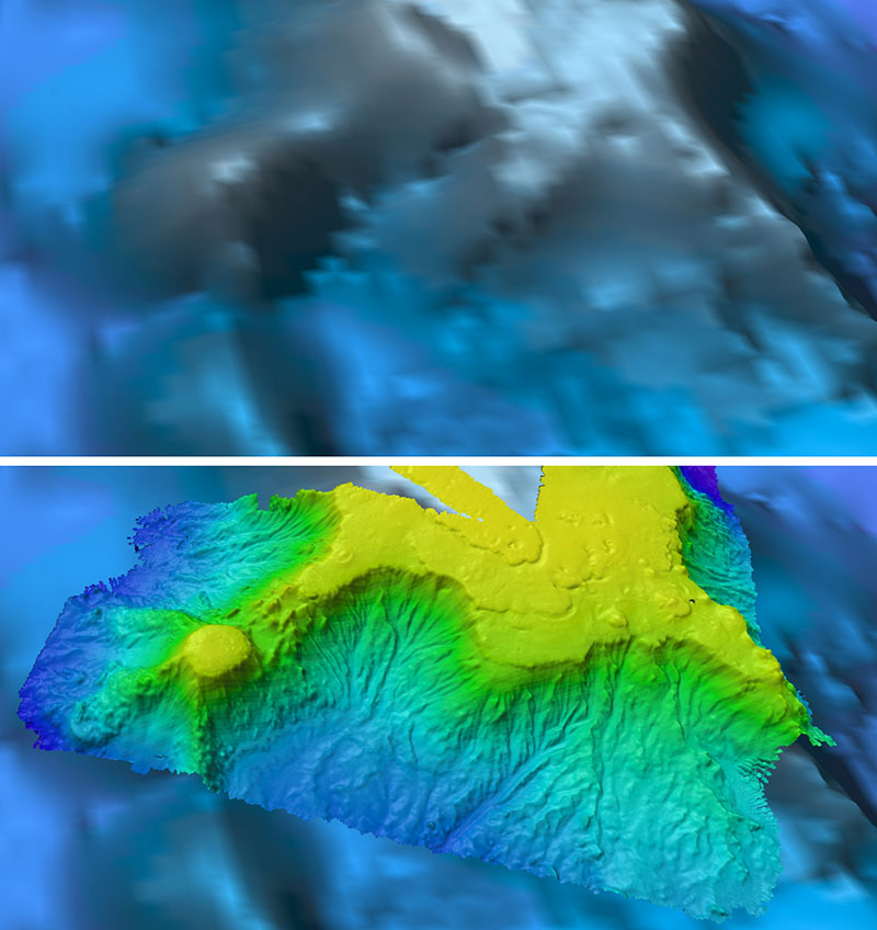 Comparison of resolution of satellite-derived bathymetry (top) and multibeam sonar bathymetry collected by the Okeanos Explorer (bottom). Example shown is the largest seamount in the Wake Atoll Unit of the Pacific Remote Islands Marine National Monument.