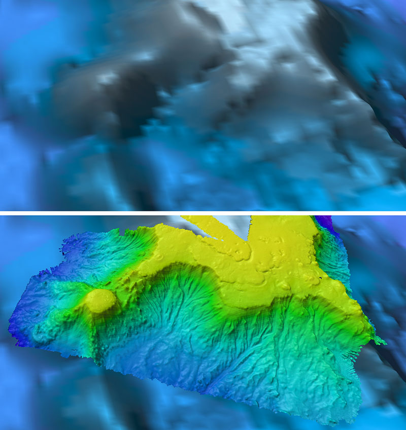 Comparison of resolution of satellite-derived bathymetry (top) and multibeam sonar bathymetry collected by the Okeanos Explorer (bottom). Example shown is the largest seamount in the Wake Atoll Unit of the Pacific Remote Islands Marine National Monument, now known as Pacific Islands Heritage Marine National Monument.