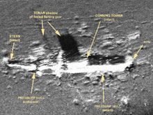 Side-scan sonar image of the remains of the submarine USS O-9 (SS-70)