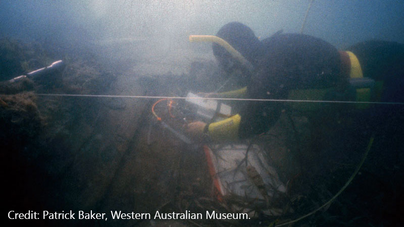Vicki Richards measuring pH profiles of structural timbers in Test Trench 2 (TT2) on the James Matthews site in 2000. Credit: Patrick Baker, Western Australian Museum.