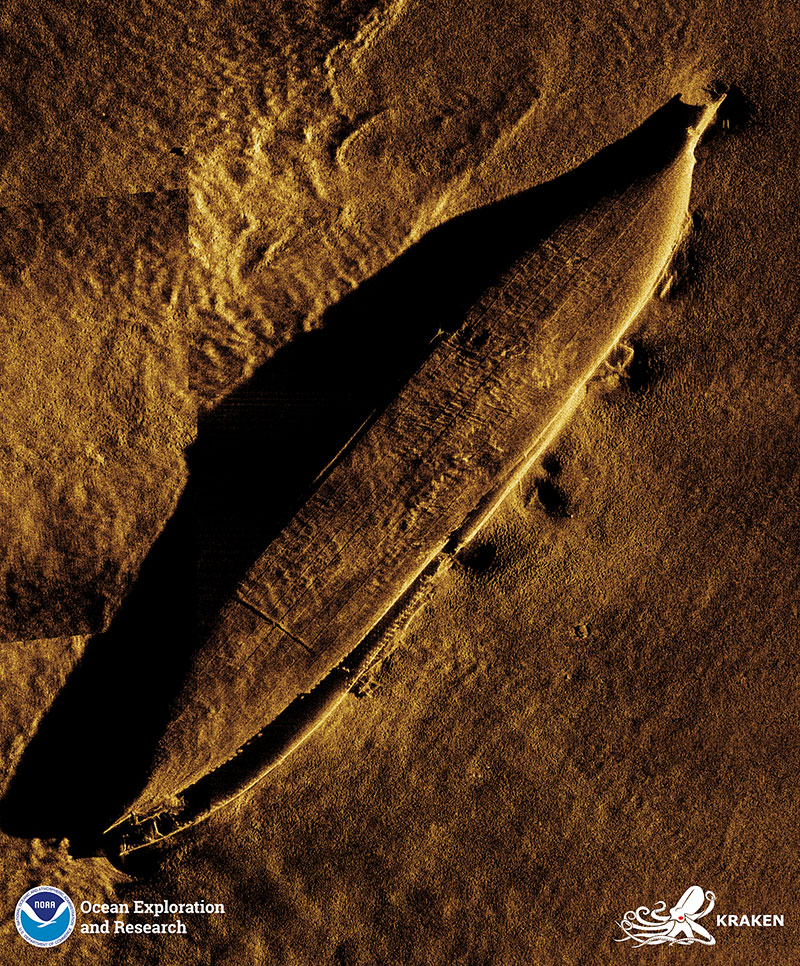 SAS imagery of the <em>Black Point</em> showing that the hull, including the bow, of the ship is largely intact and rests upside down on the seafloor.