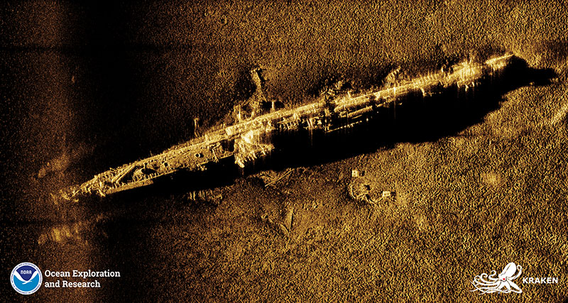 SAS imagery of the German U-853, showing that the submarine is largely intact. Image courtesy of Kraken Robotics.