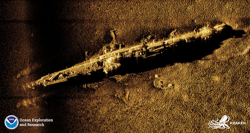 Synthetic Aperture Sonar imagery of the German <em>U-853</em>, showing that the submarine is largely intact.