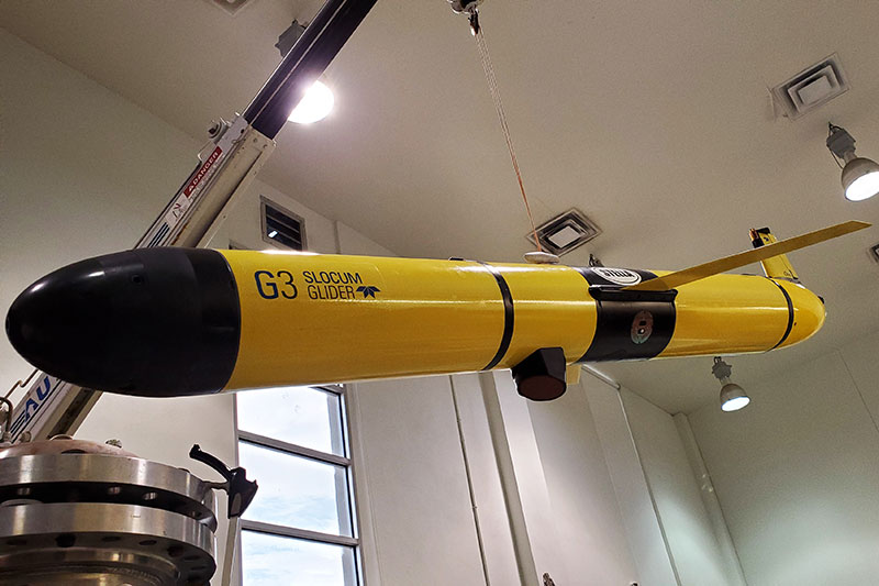 Figure 2. Slocum glider with integrated Simrad EK80 Wide Band Transceiver (WBT) Mini echosounder capable of measuring the in situ backscatter response of sound scattering layers. Photo credit John Horne, University of Washington.