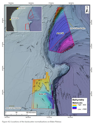 Figure 1. Locations of Fugro surveys in Area 1A, Area 1B and backscatter normalization.