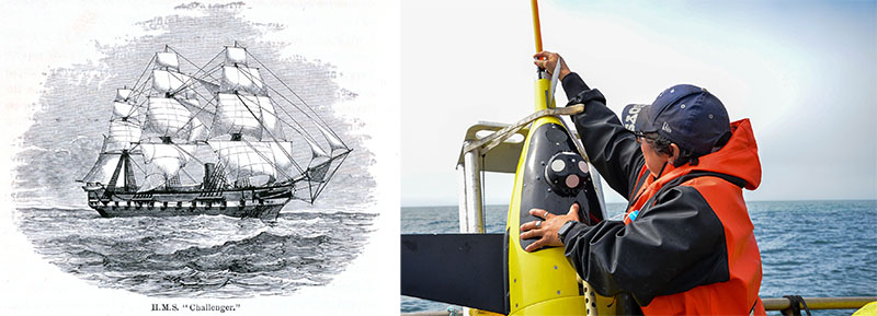 The past and present of ocean exploration. (Left) The HMS Challenger was a late 1800’s research vessel that made many of the discoveries that laid the foundation for ocean science. (Right) Engineer Christina Ramirez affixes Seaglider’s antenna which will allow the glider to communicate with her and other scientists on-shore.