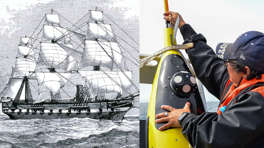 Exploring From Shore The past and present of ocean exploration. (Left) The HMS Challenger was a late 1800’s research vessel that made many of the discoveries that laid the foundation for ocean science. (Right) Engineer Christina Ramirez affixes Seaglider’s antenna which will allow the glider to communicate with her and other scientists on-shore.