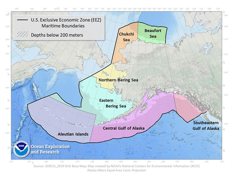 Map of the geographic regions in Alaska as defined by the NOAA Alaska Fisheries Science Center management areas. These regions do not reflect OER operational areas or priorities.