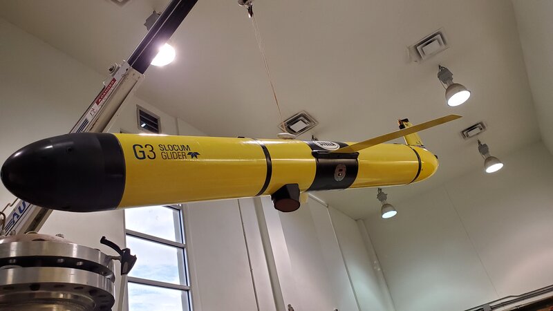 The Teledyne Webb Slocum glider, nicknamed “Stella,” houses the acoustic echosounder and the acoustic brain, which allows for onboard data processing to produce “Echometric” values (a suite of statistical metrics that characterize the distribution of biomass through the water column).