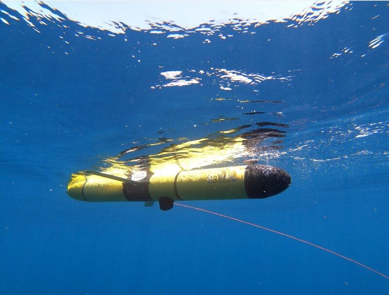 Figure 3. Slocum glider with integrated Simrad EK80 Wide Band Transceiver (WBT) Mini echosounder capable of measuring the in situ backscatter response of sound scattering layers. Photo credit: Chad Lembke, University of South Florida