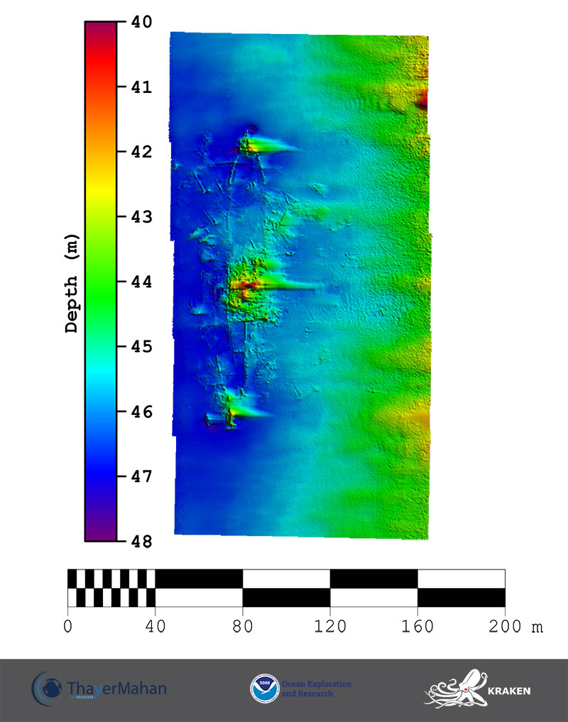 Bathymetric image of the shipwreck, developed from data collected using the KATFISH™ system on the Okeanos Explorer on July 18, 2019. Scale is water depth in meters. Image courtesy of Kraken Robotics and ThayerMahan, Inc.