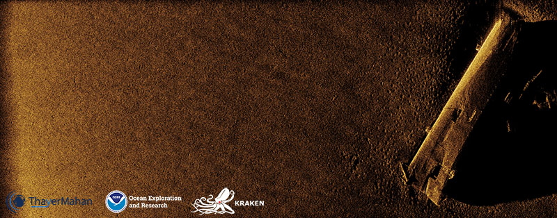 Synthetic aperture sonar image of the bow section of the USS Murphy that sunk after the collision, lying on its port side.