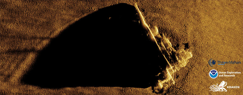 In this synthetic aperture sonar image of the USS Murphy, the gun turrets and tower structure are visible.