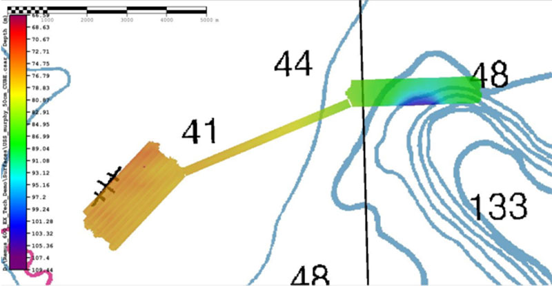 EM3002 multibeam bathymetry collected over the head of Hudson Canyon on the 2019 Technology Demonstration cruise, overlaid on the NOAA nautical chart.