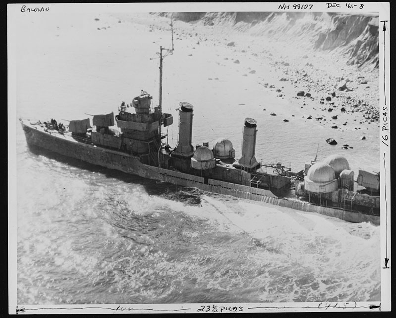 USS Baldwin aground near Montauk Point, Long Island.  Since the date this image was taken was so close to the date of scuttling, the onboard mission team, including the ROV pilots and scientists onshore through telepresence, relied heavily on this photo to safely navigate the ROV dive on July 27, 2019.