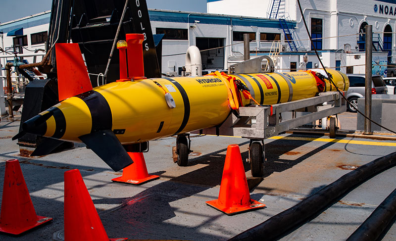 The REMUS 600 AUV staged on the Okeanos Explorer’s CTD deck while the ship is docked at NOAA Marine Operations Center - Atlantic in Norfolk.