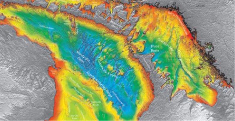A bathymetric image of Lake Huron. In the same way that topographic maps represent the three-dimensional featues (or relief) of overland terrain, bathymetric maps illustrate the land that lies under water.