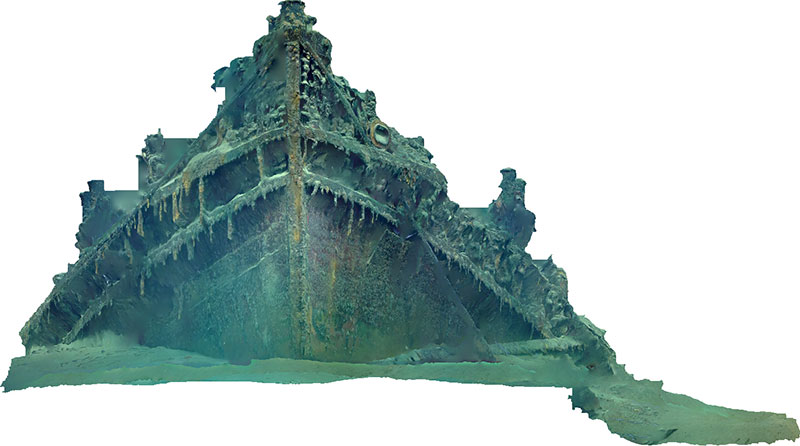 A photogrammetric model of the tugboat New Hope, which sank in 1965 during Tropical Storm Debbie. The model was developed by Bureau of Ocean Energy Management (BOEM) Marine Archaeologist Scott Sorset and features the bow section of the shipwreck.