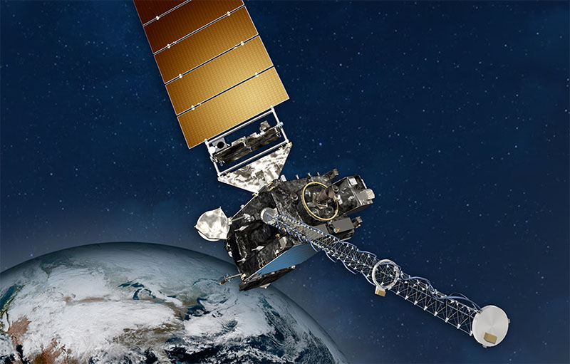 Illustration of NOAA’s GOES-17 satellite, which was launched on March 1, 2018, and is currently operational as GOES West, providing coverage of the western U.S., Alaska, Hawaii, and the Pacific Ocean. GOES-17 is one of two next-generation geostationary environmental satellites monitoring the Western Hemisphere: together, GOES-16 and GOES-17 observe Earth from the west coast of Africa all the way to New Zealand.