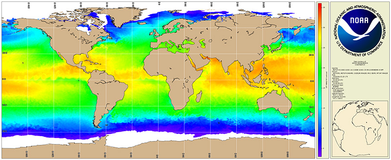 A satellite composite image of global sea surface temperatures from NOAA's next generation of Geostationary Operational Environmental Satellites (GOES-R) and the NOAA/NASA Joint Polar Satellite System (JPSS).