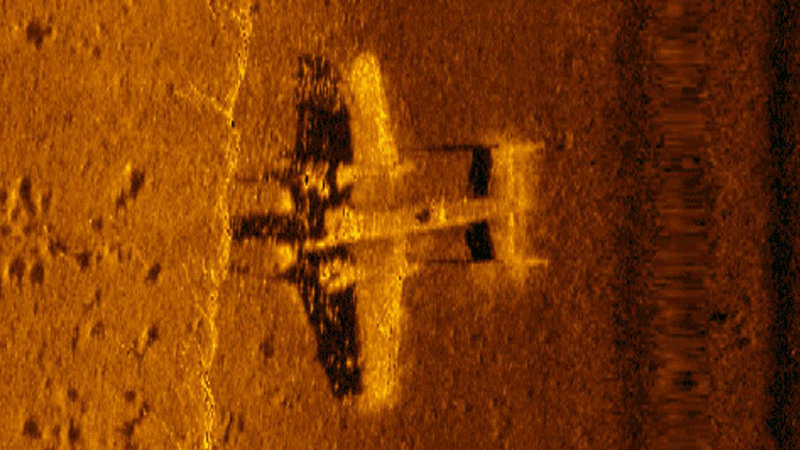 A high resolution side-scan sonar image of a WWII B-25 discovered in 2017 in Papua New Guinea.