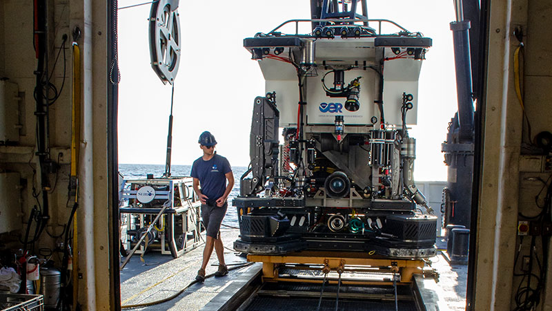 The remotely operated vehicle Deep Discoverer being prepared for launch during a dive for the Windows to the Deep 2018 expedition. Image courtesy of Art Howard, GFOE, Windows to the Deep 2018.
